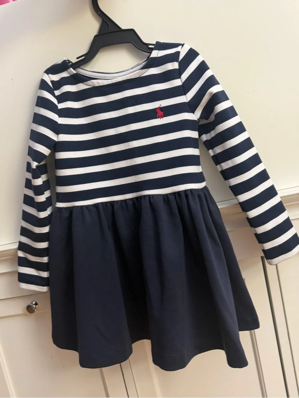 Ralph Lauren Navy & White Striped Knit Dress with Red Polo Logo
